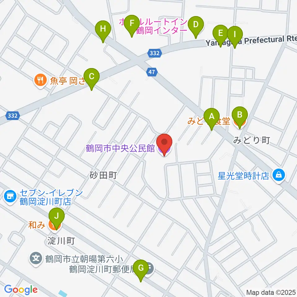 鶴岡市中央公民館周辺のファミレス・ファーストフード一覧地図