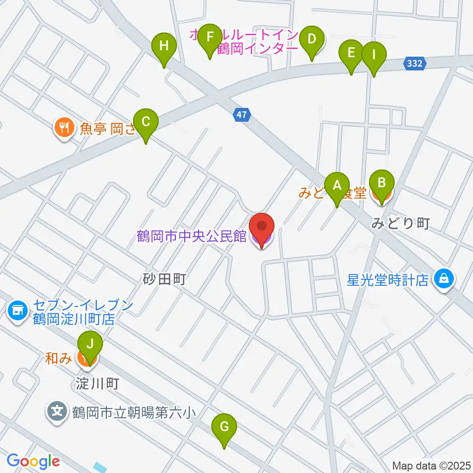 鶴岡市中央公民館周辺のファミレス・ファーストフード一覧地図