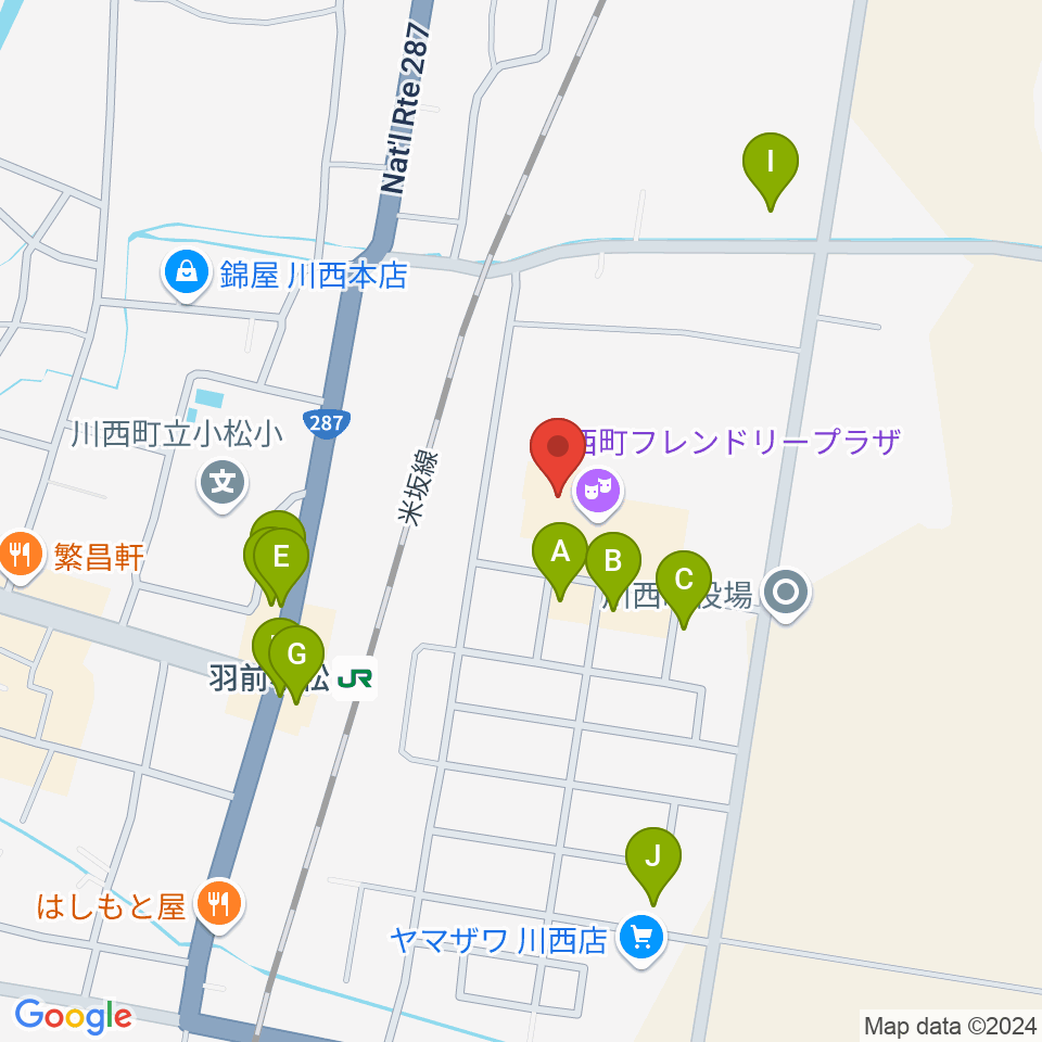 川西町フレンドリープラザ周辺のファミレス・ファーストフード一覧地図