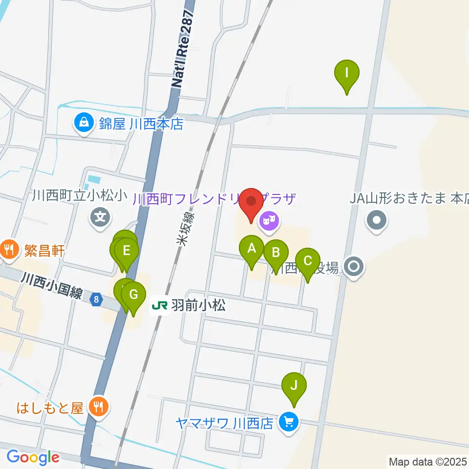 川西町フレンドリープラザ周辺のファミレス・ファーストフード一覧地図