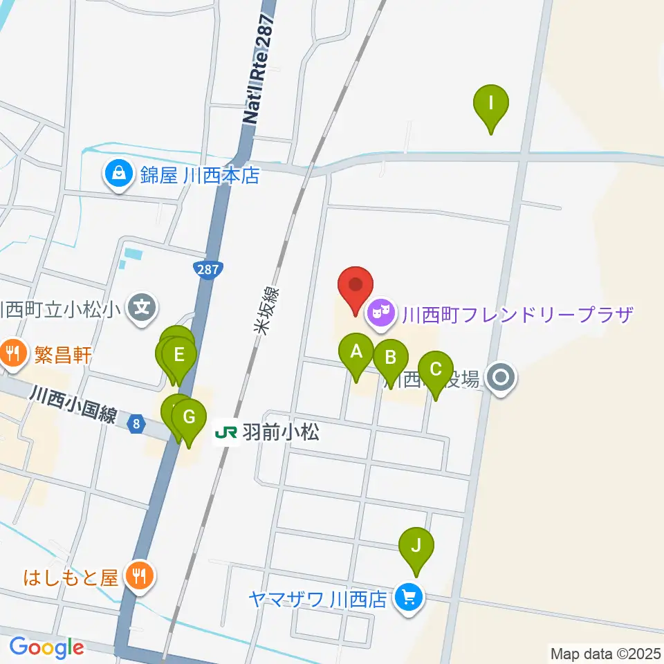 川西町フレンドリープラザ周辺のファミレス・ファーストフード一覧地図
