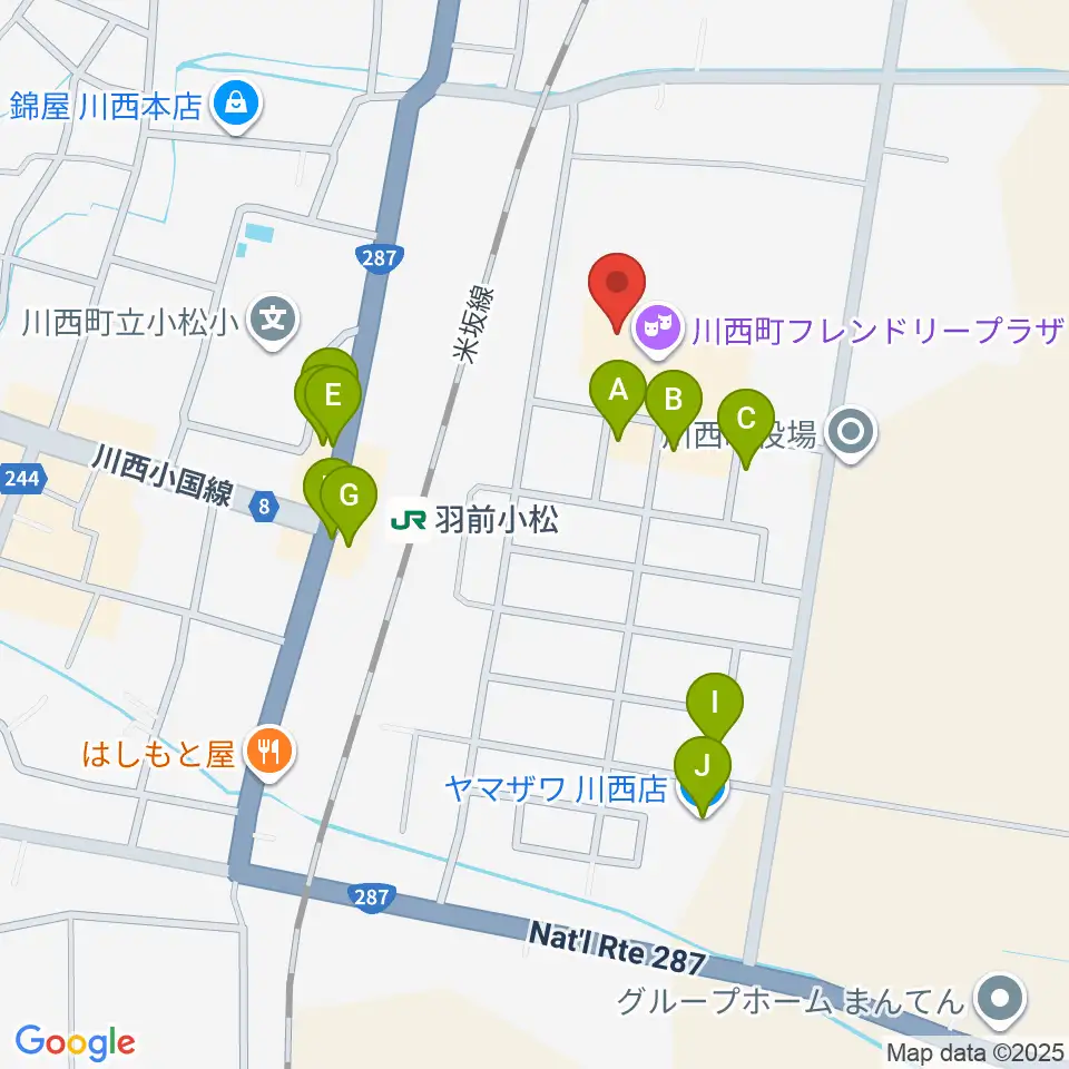 川西町フレンドリープラザ周辺のファミレス・ファーストフード一覧地図