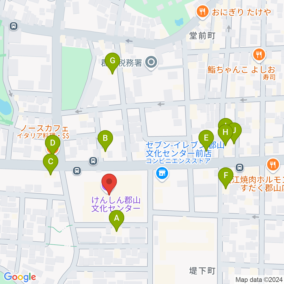 けんしん郡山文化センター周辺のファミレス・ファーストフード一覧地図