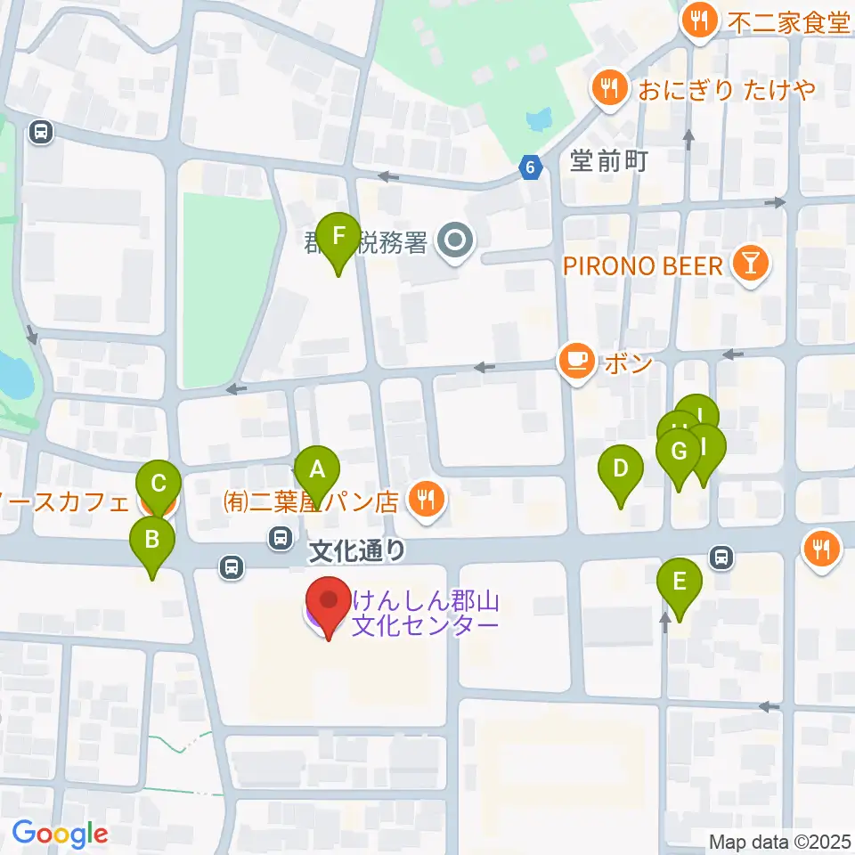 けんしん郡山文化センター周辺のファミレス・ファーストフード一覧地図