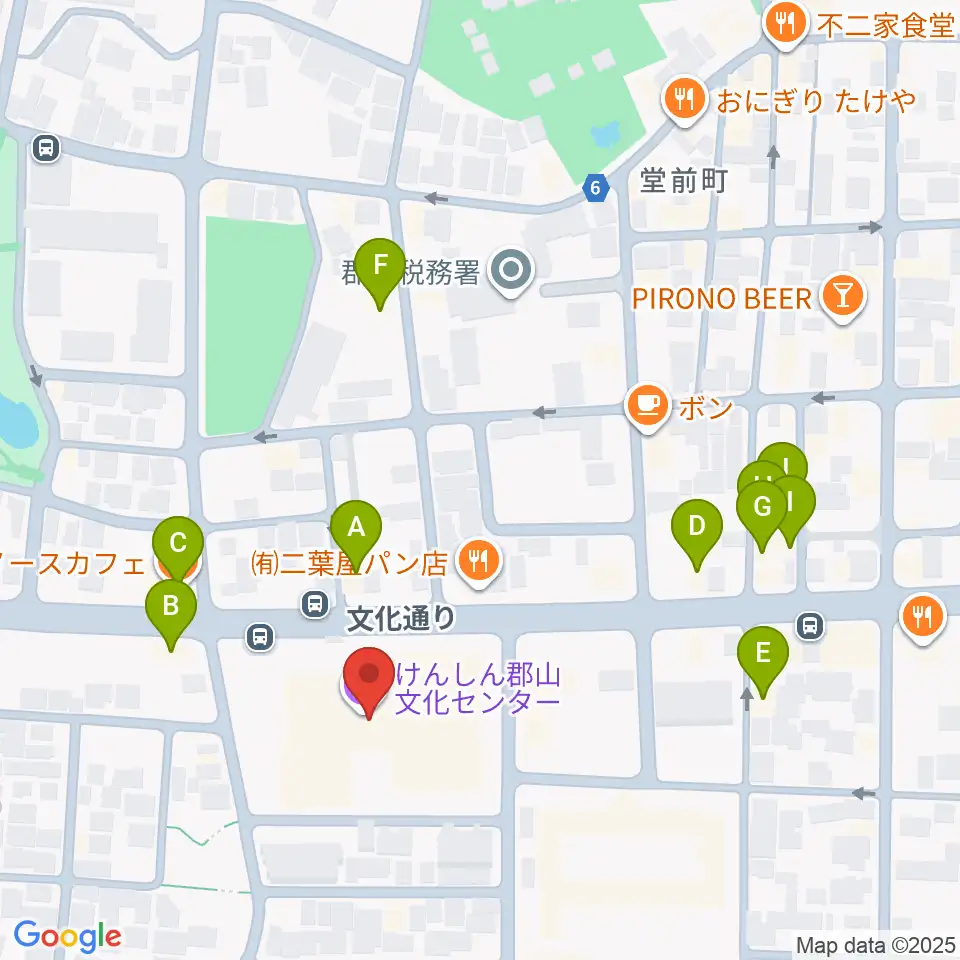 けんしん郡山文化センター周辺のファミレス・ファーストフード一覧地図