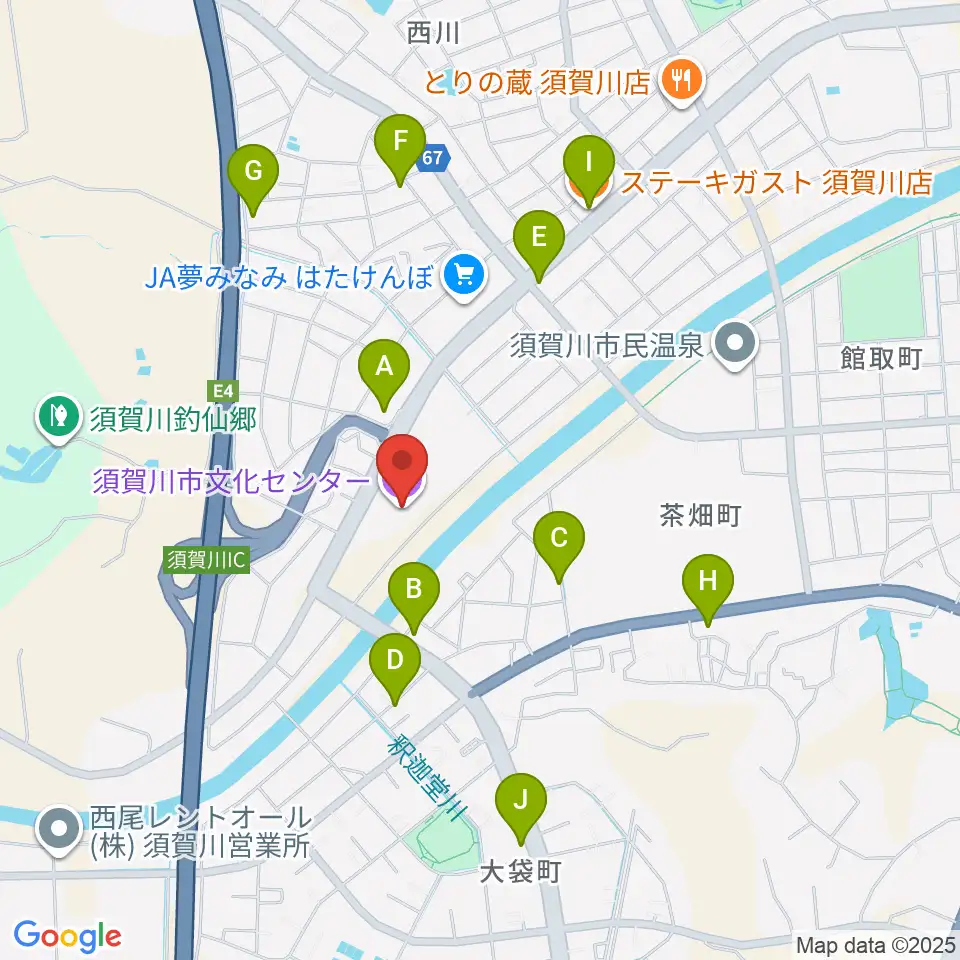 須賀川市文化センター周辺のファミレス・ファーストフード一覧地図