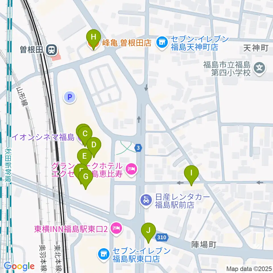 福島市アクティブシニアセンター アオウゼ周辺のファミレス・ファーストフード一覧地図