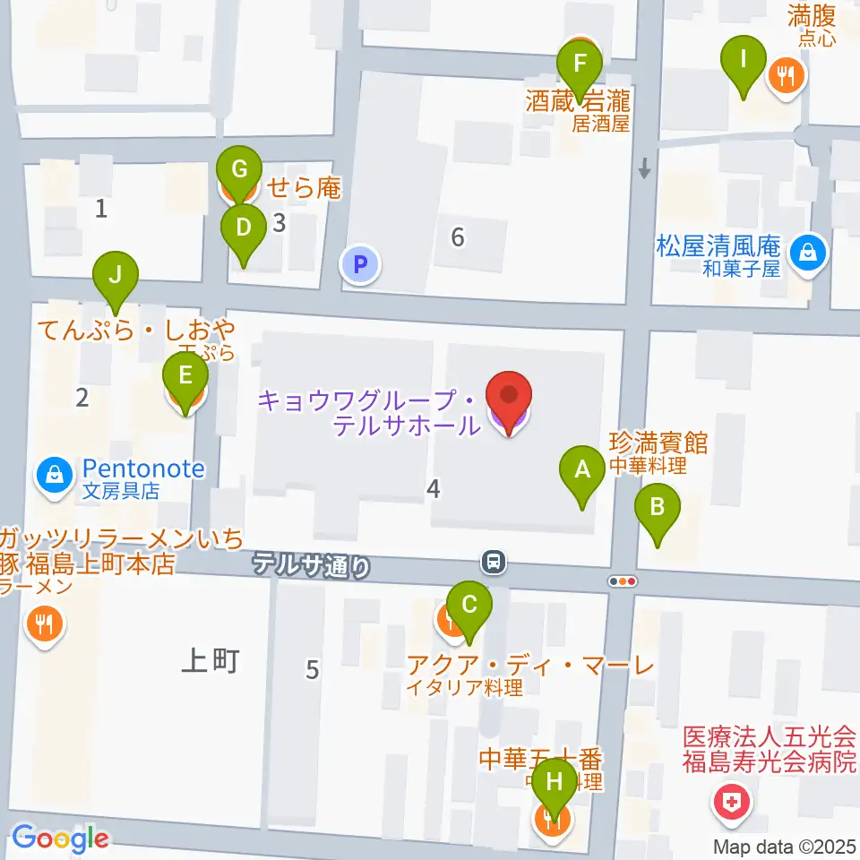 キョウワグループ・テルサホール周辺のファミレス・ファーストフード一覧地図