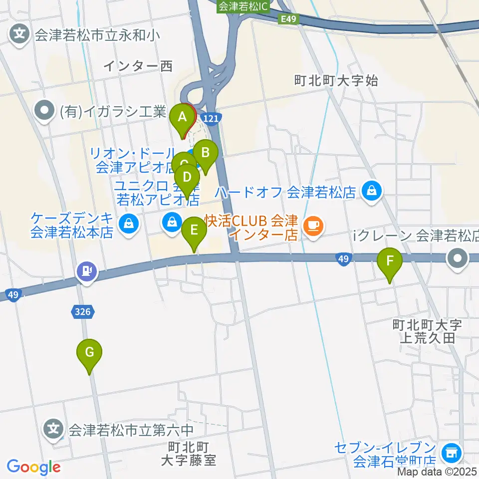 会津若松アピオスペース周辺のファミレス・ファーストフード一覧地図
