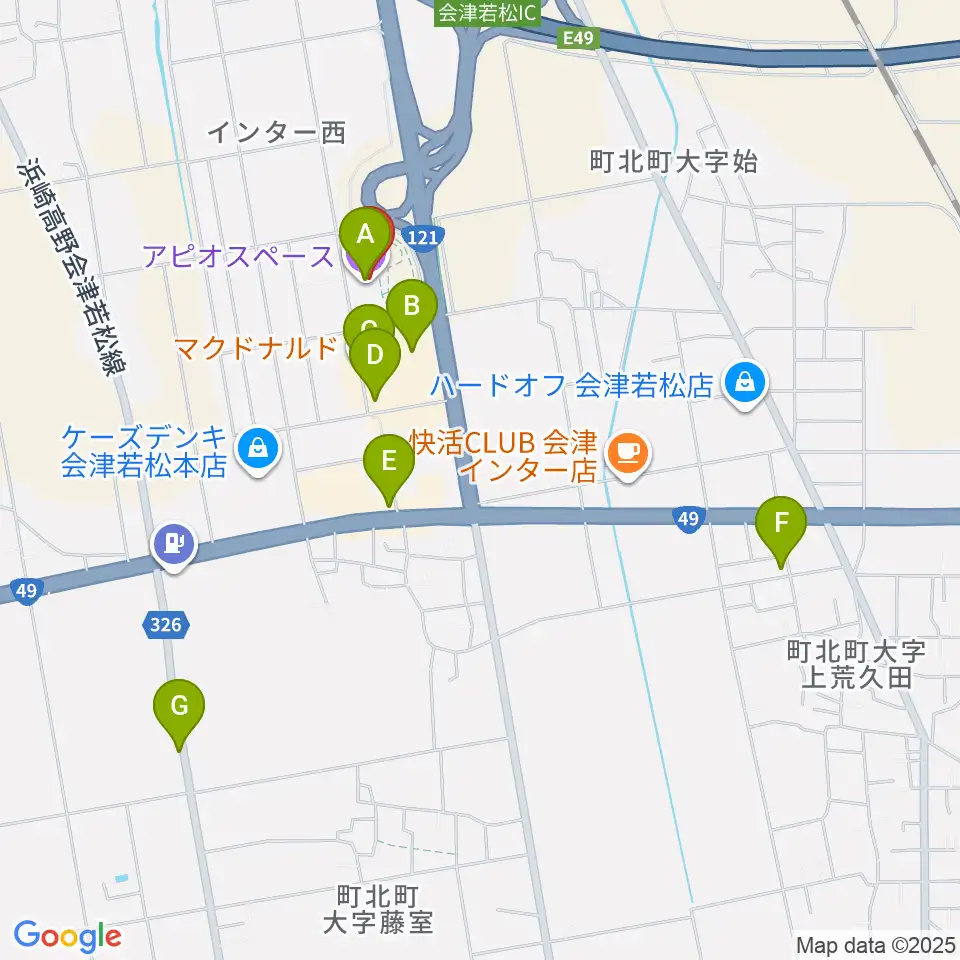 会津若松アピオスペース周辺のファミレス・ファーストフード一覧地図