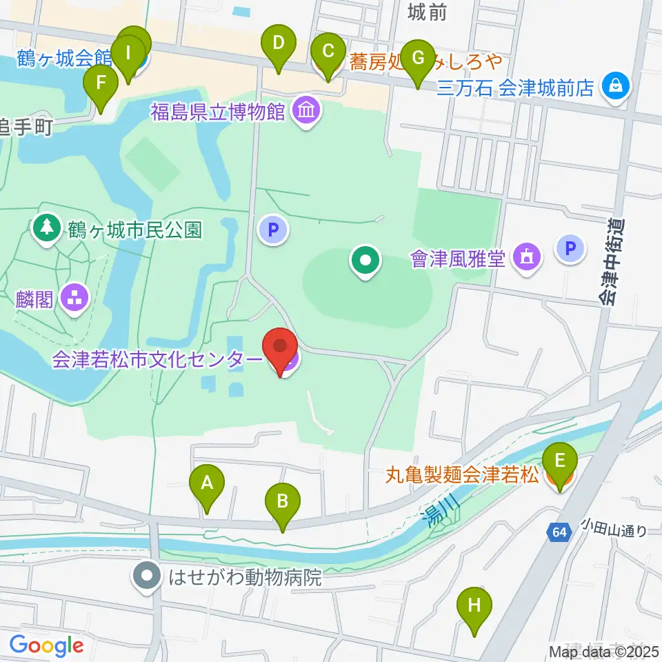 会津若松市文化センター周辺のファミレス・ファーストフード一覧地図