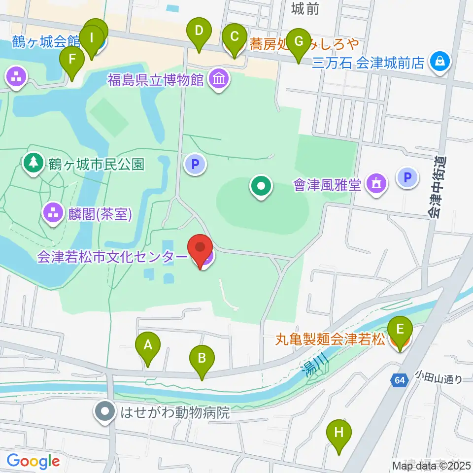 会津若松市文化センター周辺のファミレス・ファーストフード一覧地図