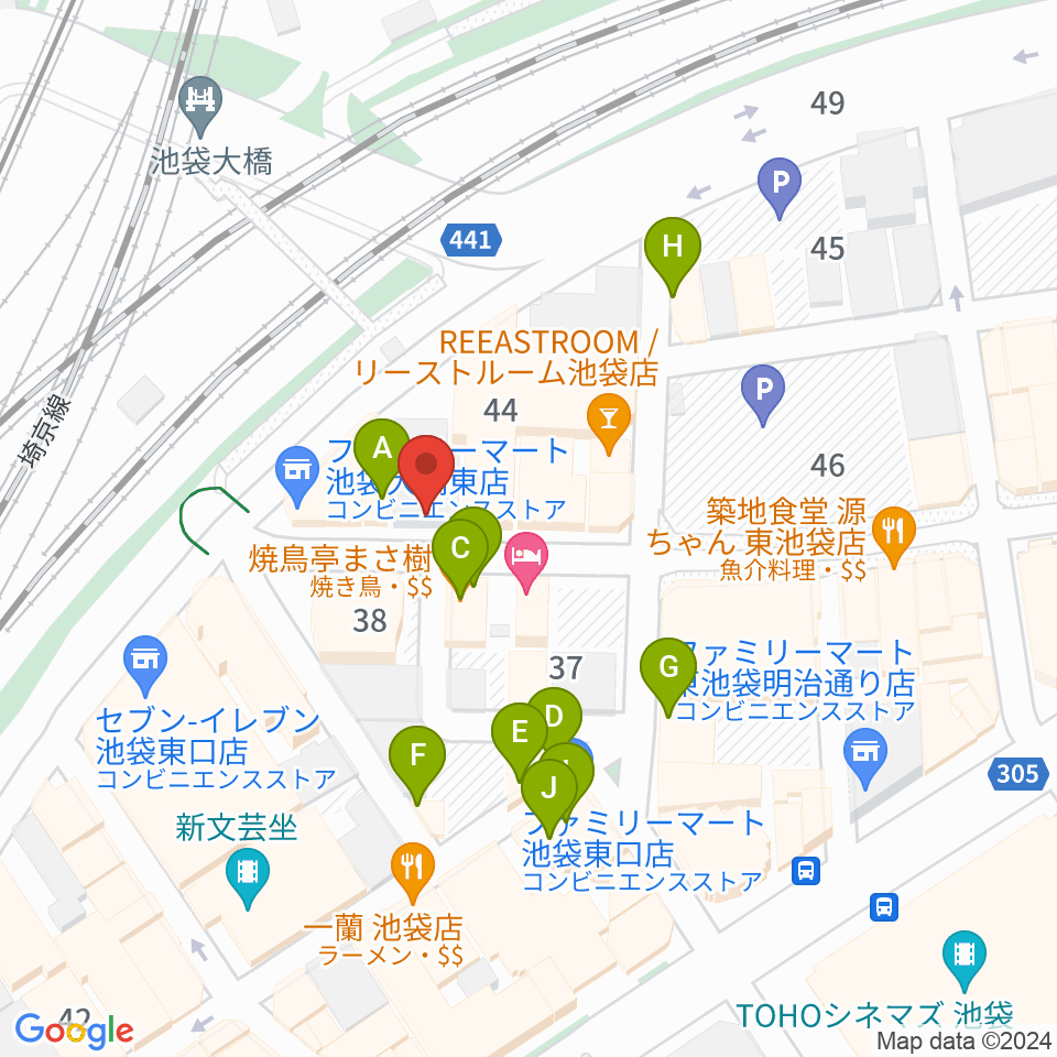 池袋ミスマッチ周辺のファミレス・ファーストフード一覧地図