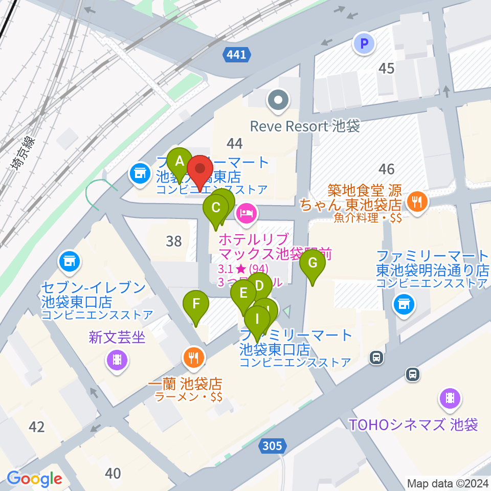 池袋ミスマッチ周辺のファミレス・ファーストフード一覧地図