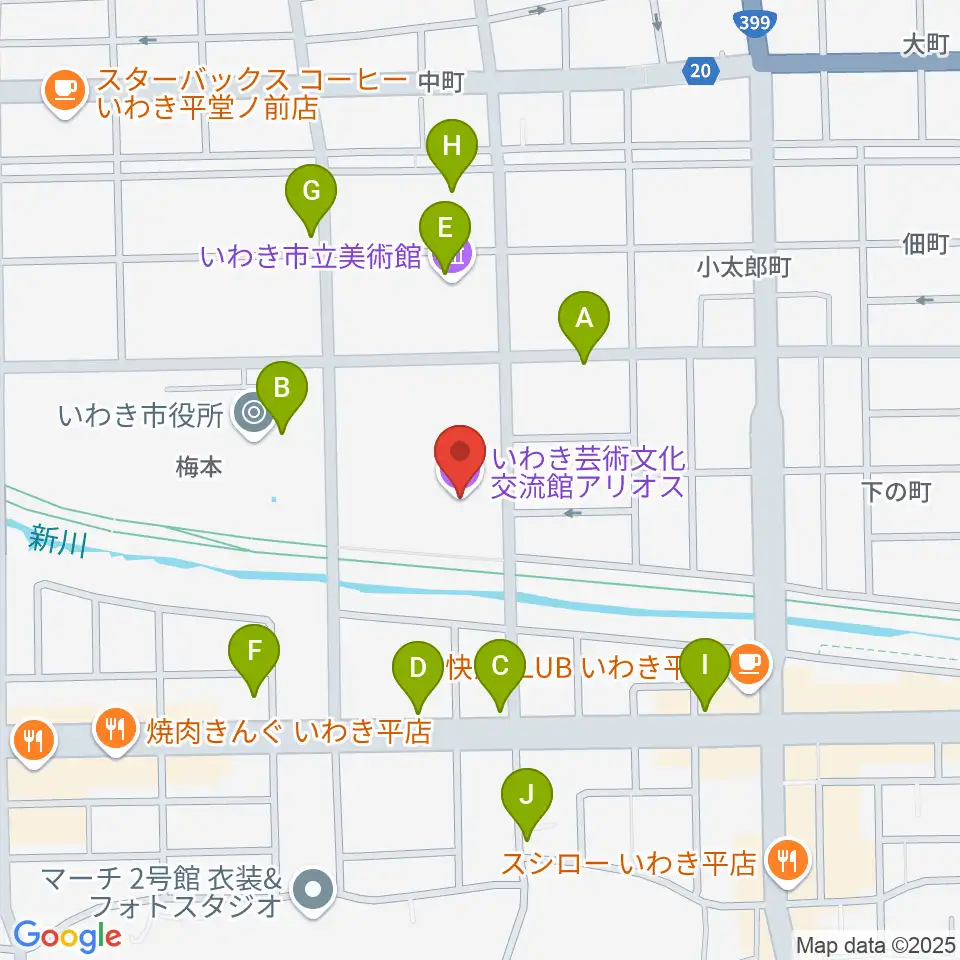 いわき芸術文化交流館アリオス周辺のファミレス・ファーストフード一覧地図
