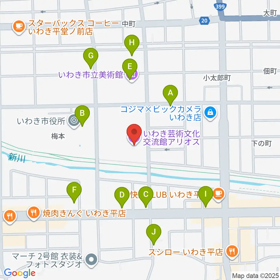 いわき芸術文化交流館アリオス周辺のファミレス・ファーストフード一覧地図