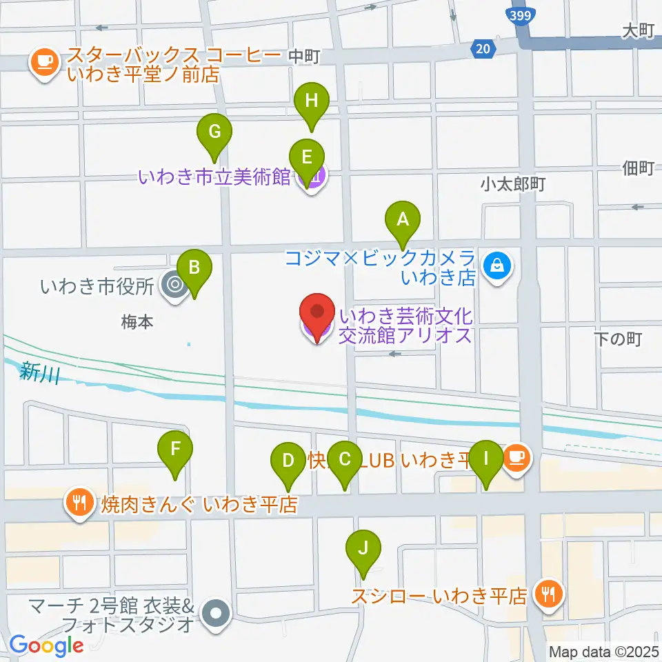 いわき芸術文化交流館アリオス周辺のファミレス・ファーストフード一覧地図