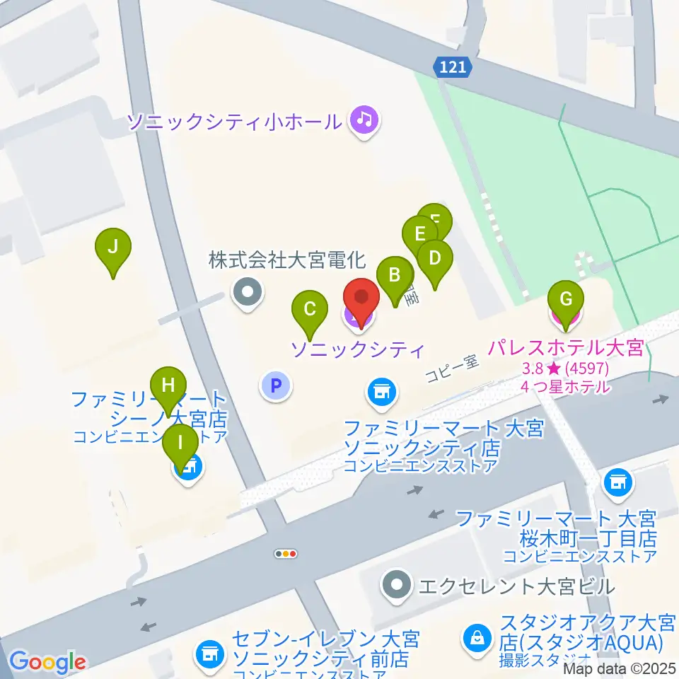 大宮ソニックシティホール周辺のファミレス・ファーストフード一覧地図