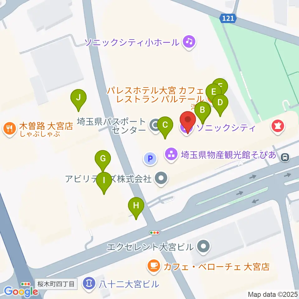 大宮ソニックシティホール周辺のファミレス・ファーストフード一覧地図