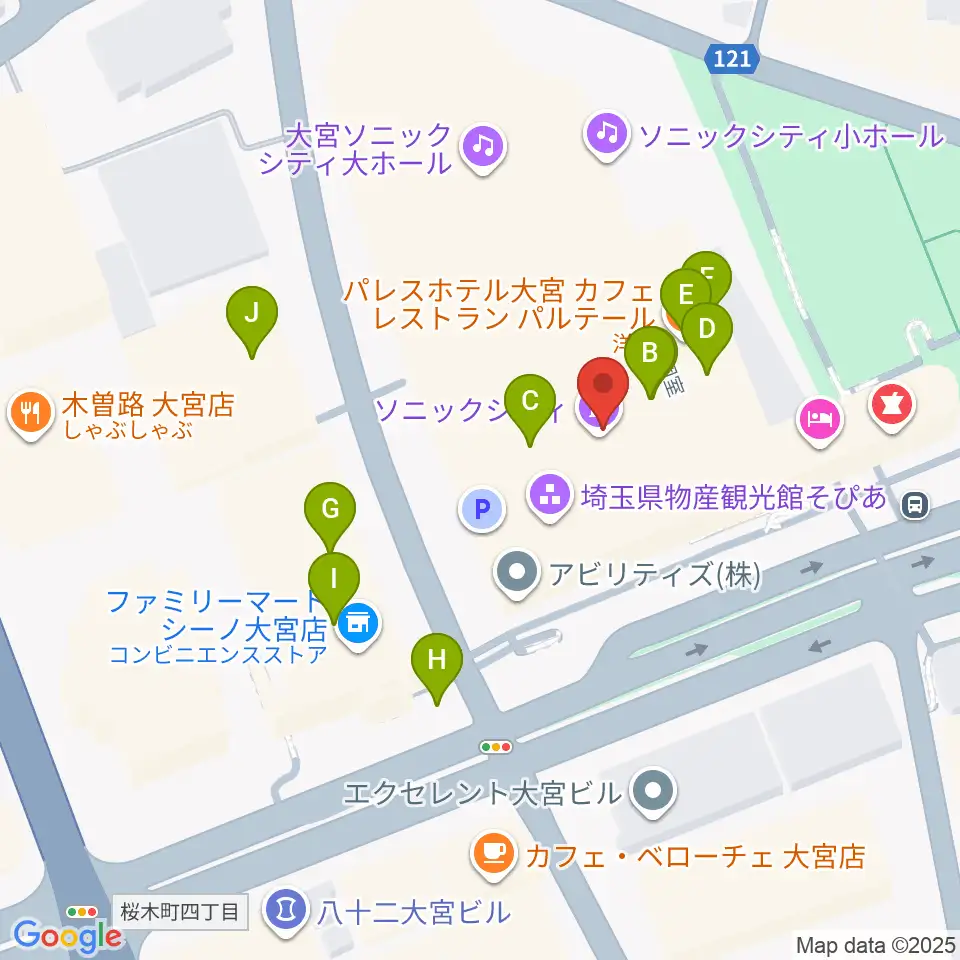 大宮ソニックシティホール周辺のファミレス・ファーストフード一覧地図