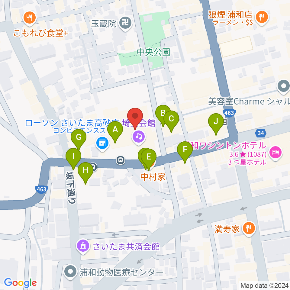 埼玉会館周辺のファミレス・ファーストフード一覧地図