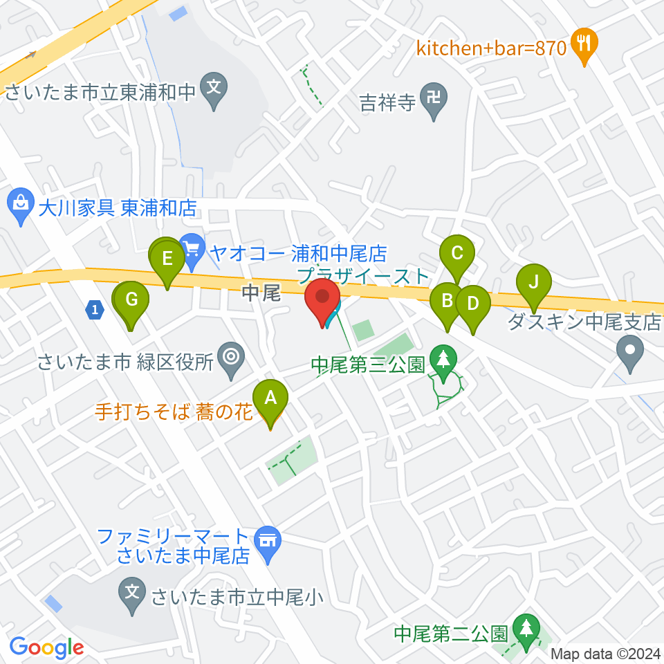 プラザイースト周辺のファミレス・ファーストフード一覧地図