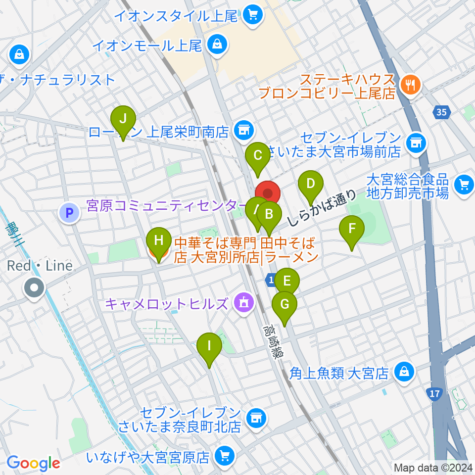 宮原コミュニティセンター 周辺のファミレス・ファーストフード一覧地図