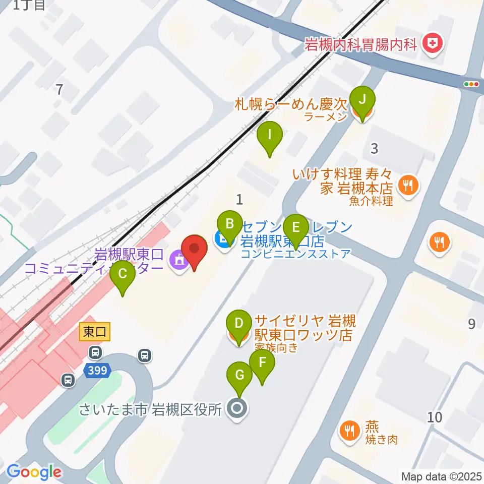 岩槻駅東口コミュニティセンター周辺のファミレス・ファーストフード一覧地図
