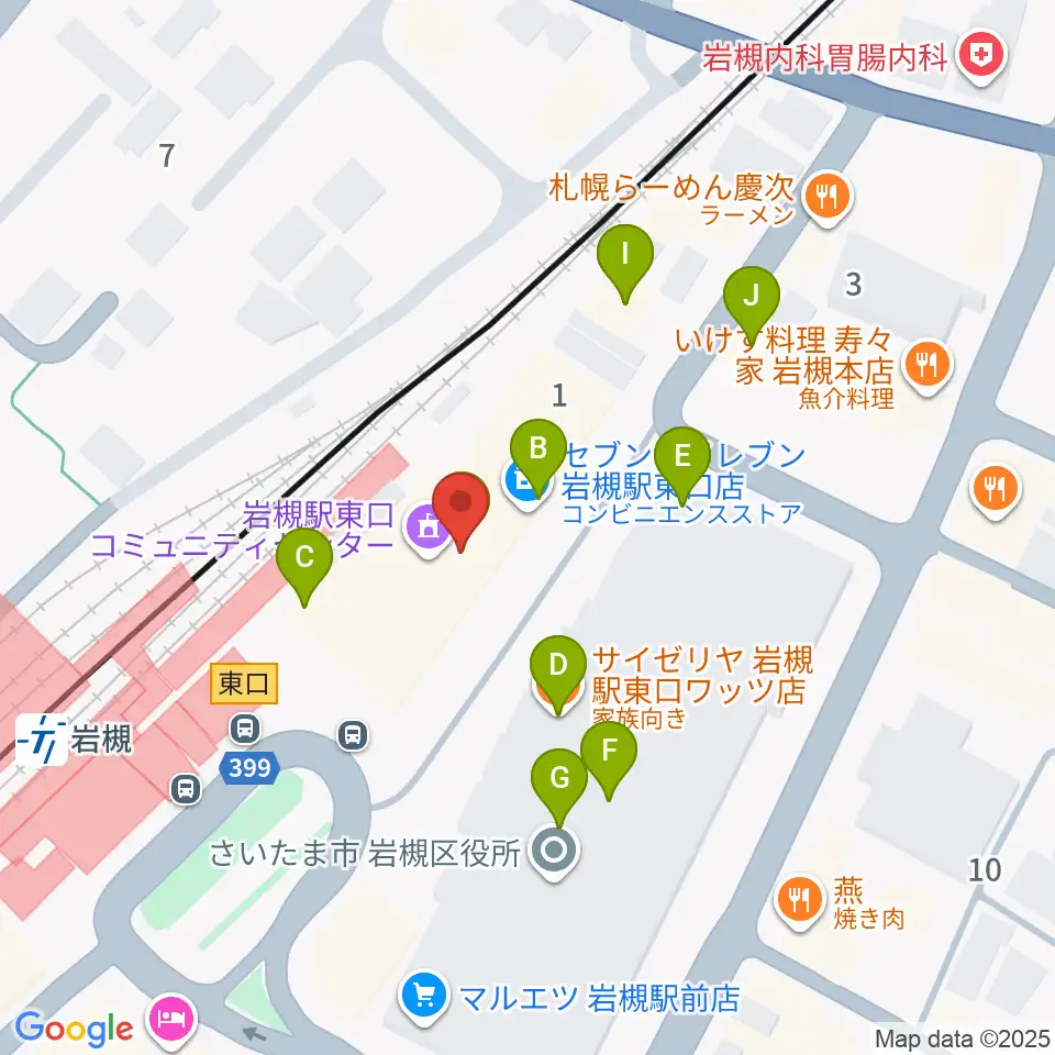 岩槻駅東口コミュニティセンター周辺のファミレス・ファーストフード一覧地図