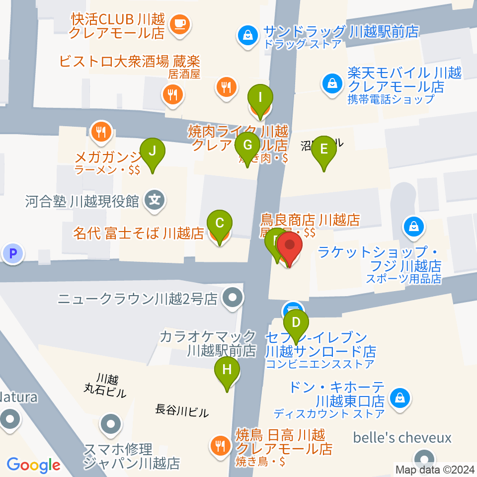 川越Jammin'周辺のファミレス・ファーストフード一覧地図