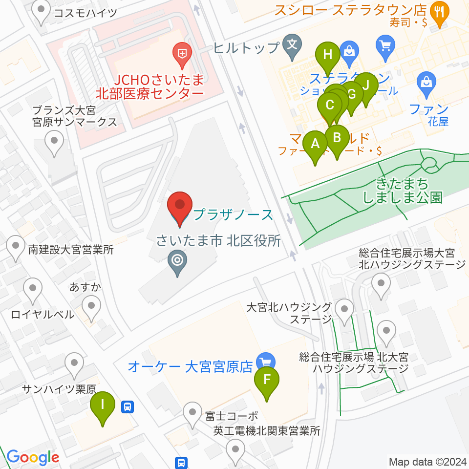 さいたま市プラザノース周辺のファミレス・ファーストフード一覧地図