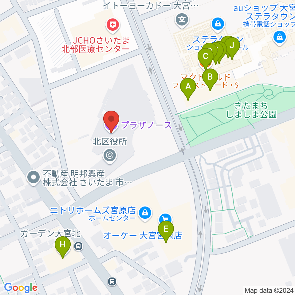 さいたま市プラザノース周辺のファミレス・ファーストフード一覧地図