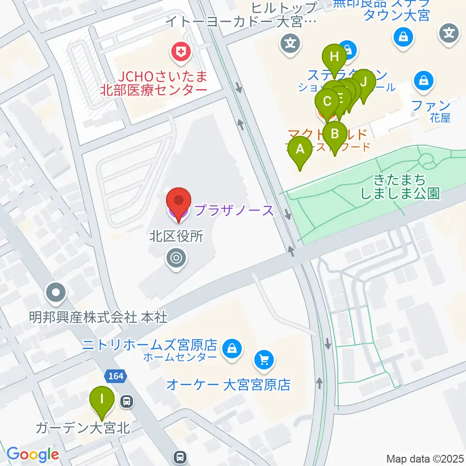 さいたま市プラザノース周辺のファミレス・ファーストフード一覧地図