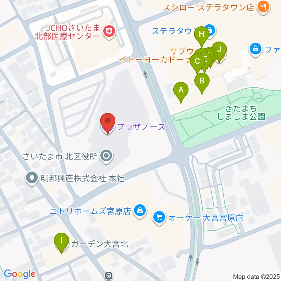 さいたま市プラザノース周辺のファミレス・ファーストフード一覧地図