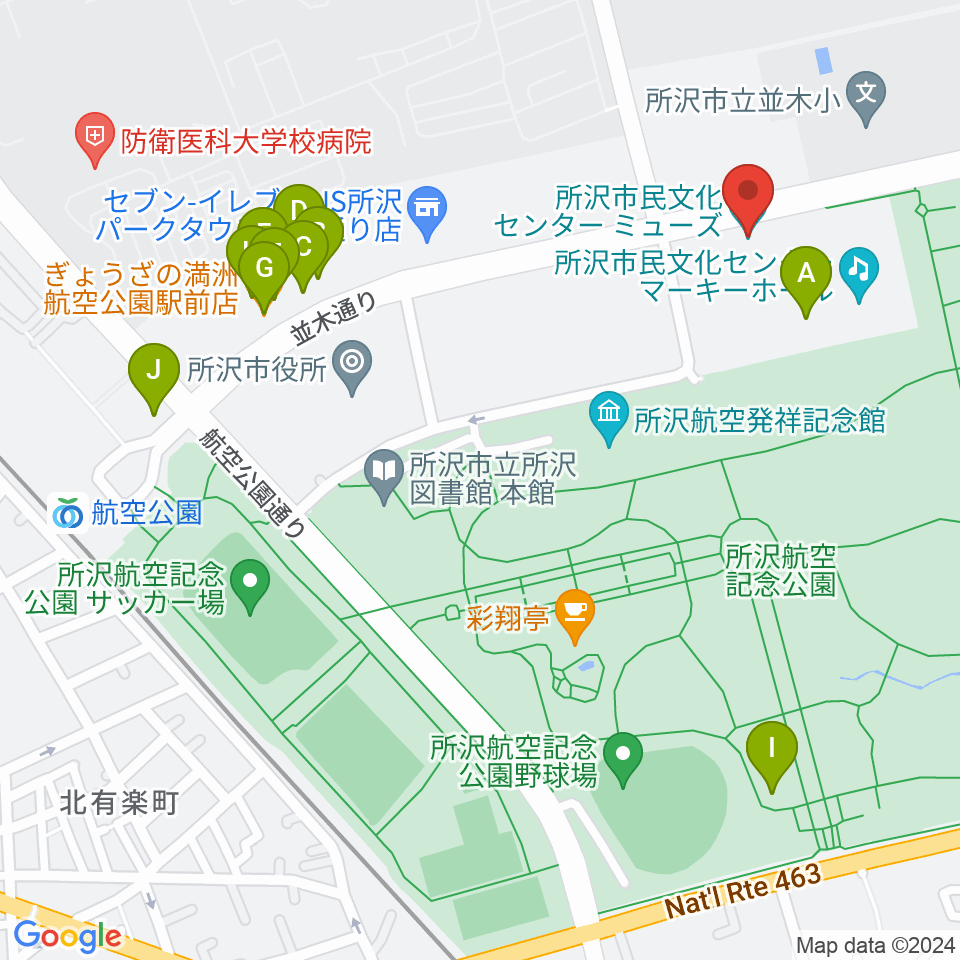 所沢市民文化センターミューズ周辺のファミレス・ファーストフード一覧地図