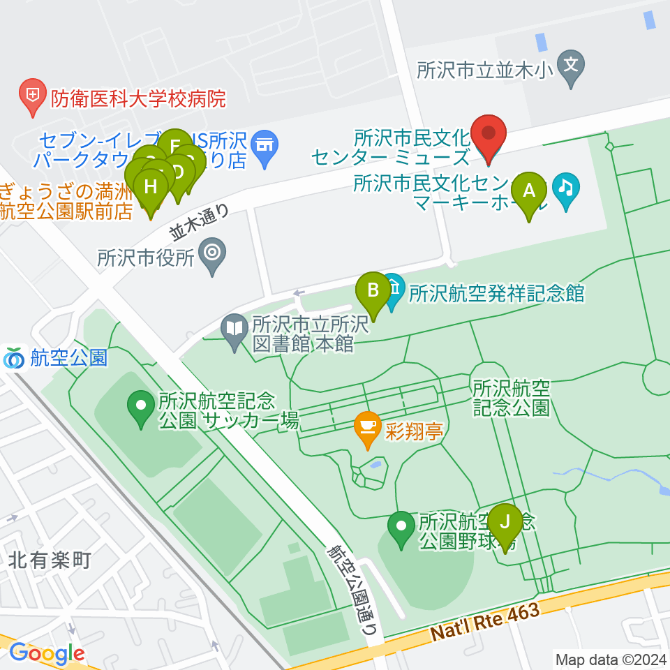 所沢市民文化センターミューズ周辺のファミレス・ファーストフード一覧地図