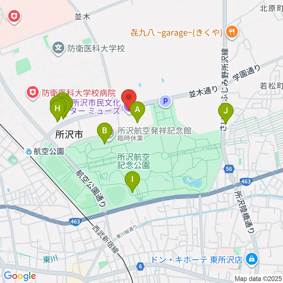 所沢市民文化センターミューズ周辺のファミレス・ファーストフード一覧地図