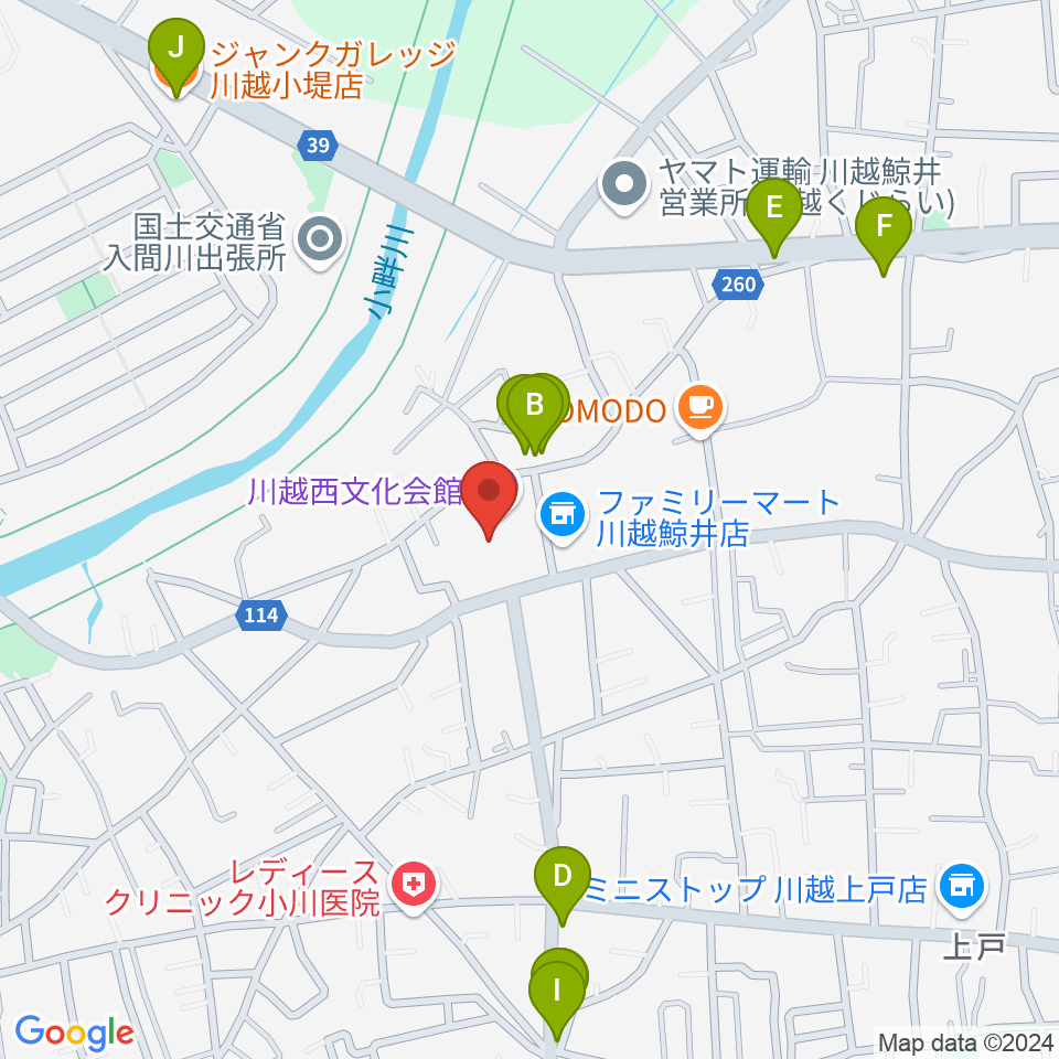 川越西文化会館（メルト）周辺のファミレス・ファーストフード一覧地図