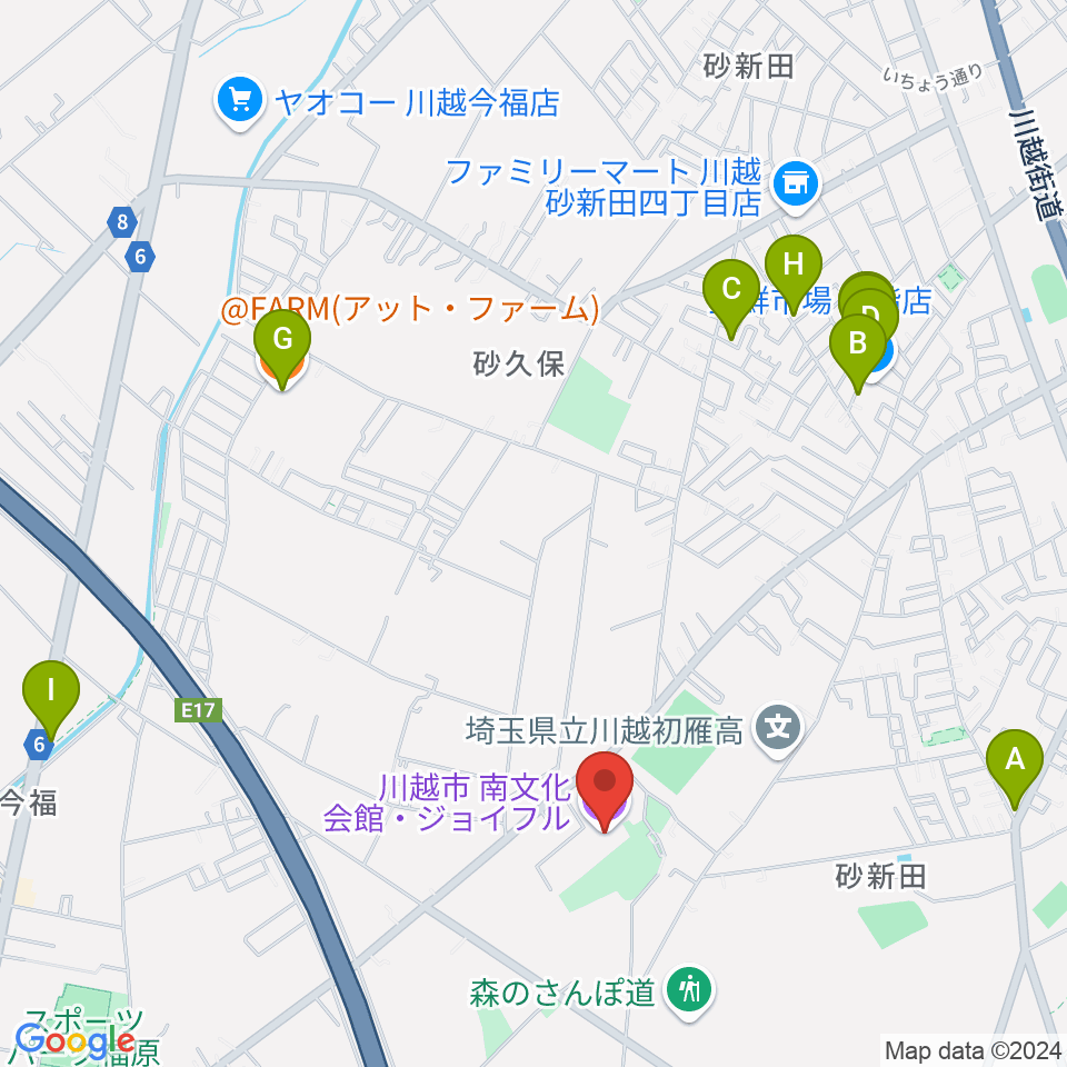 川越南文化会館（ジョイフル）周辺のファミレス・ファーストフード一覧地図