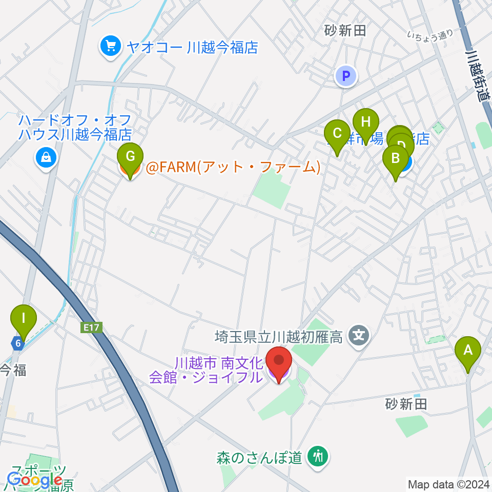 川越南文化会館（ジョイフル）周辺のファミレス・ファーストフード一覧地図