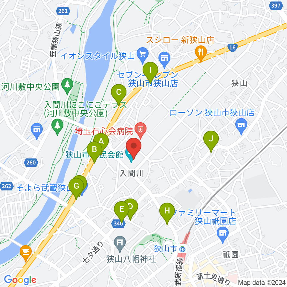 狭山市市民会館周辺のファミレス・ファーストフード一覧地図