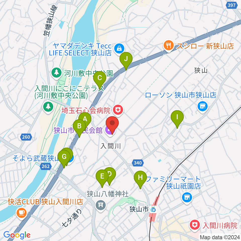 狭山市市民会館周辺のファミレス・ファーストフード一覧地図