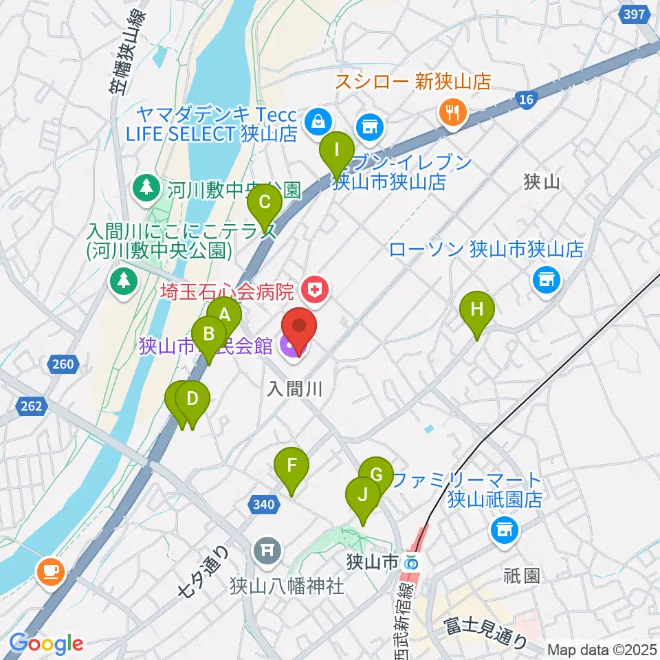狭山市市民会館周辺のファミレス・ファーストフード一覧地図