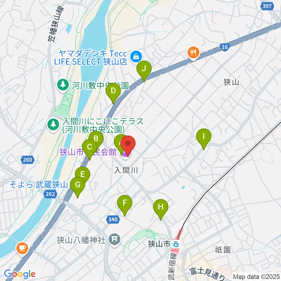 狭山市市民会館周辺のファミレス・ファーストフード一覧地図