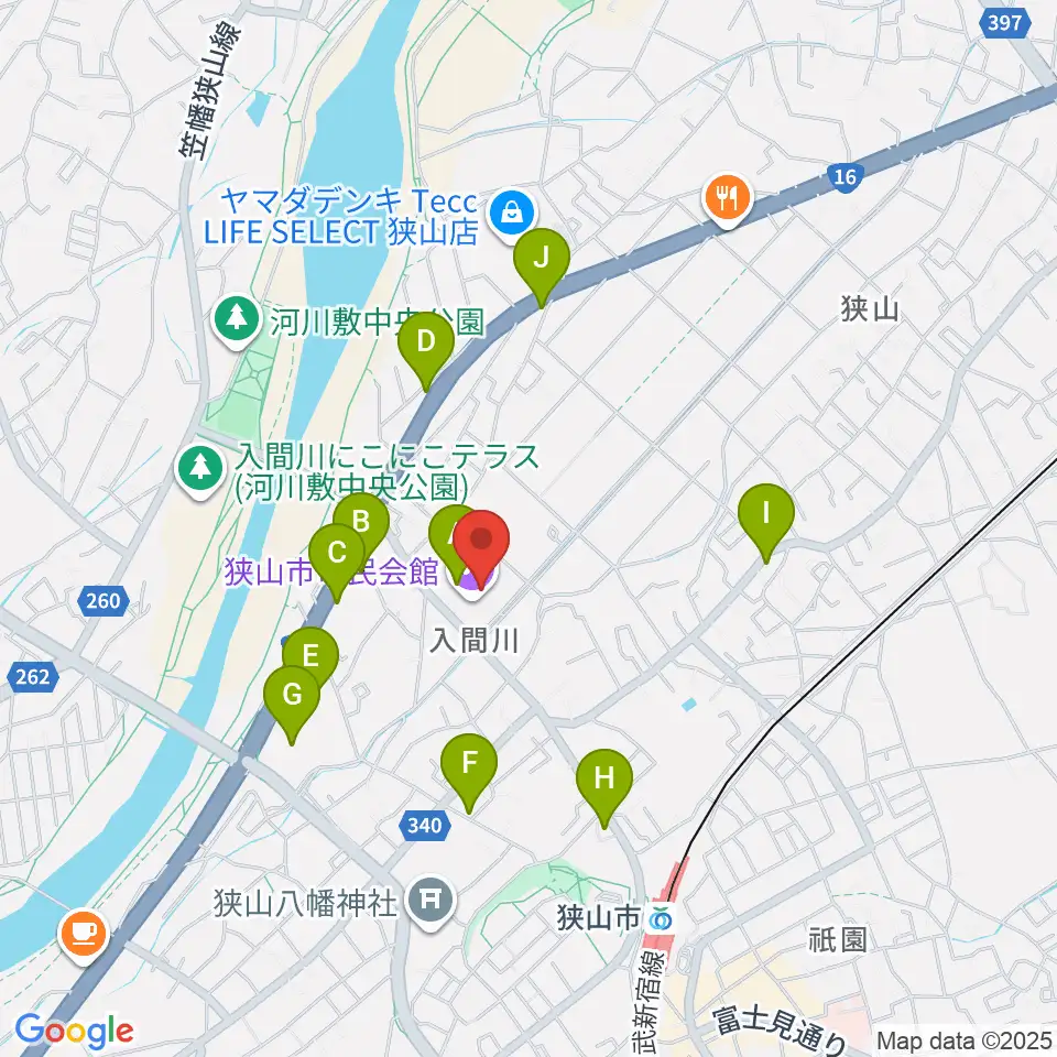 狭山市市民会館周辺のファミレス・ファーストフード一覧地図