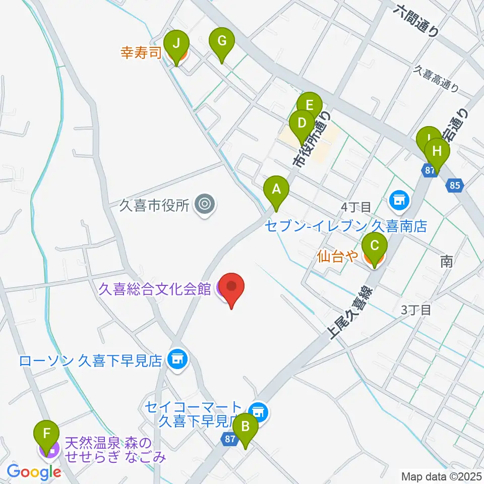 久喜総合文化会館周辺のファミレス・ファーストフード一覧地図