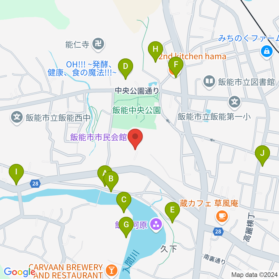 飯能市市民会館周辺のファミレス・ファーストフード一覧地図