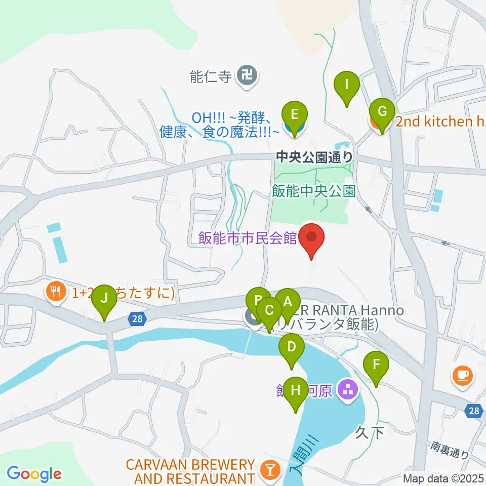 飯能市市民会館周辺のファミレス・ファーストフード一覧地図