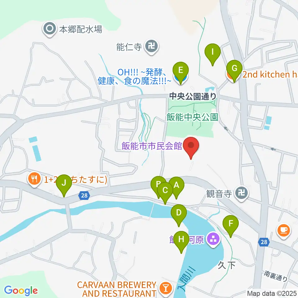 飯能市市民会館周辺のファミレス・ファーストフード一覧地図