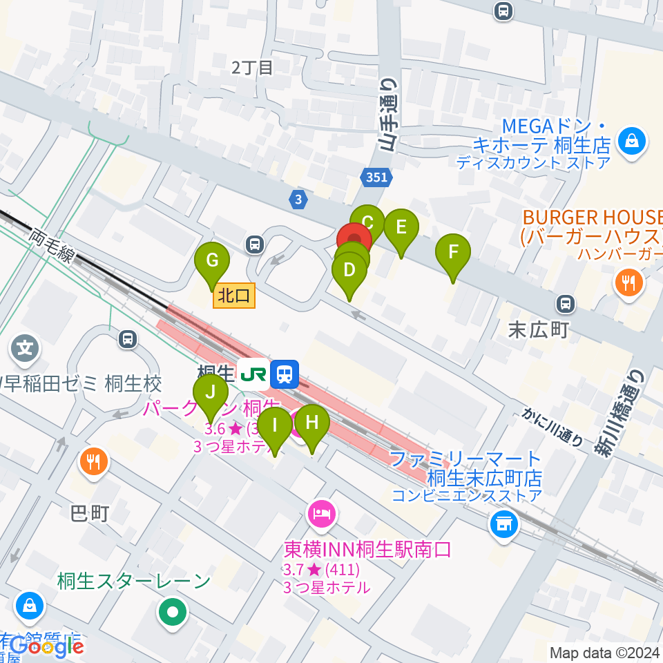 桐生VAROCK周辺のファミレス・ファーストフード一覧地図